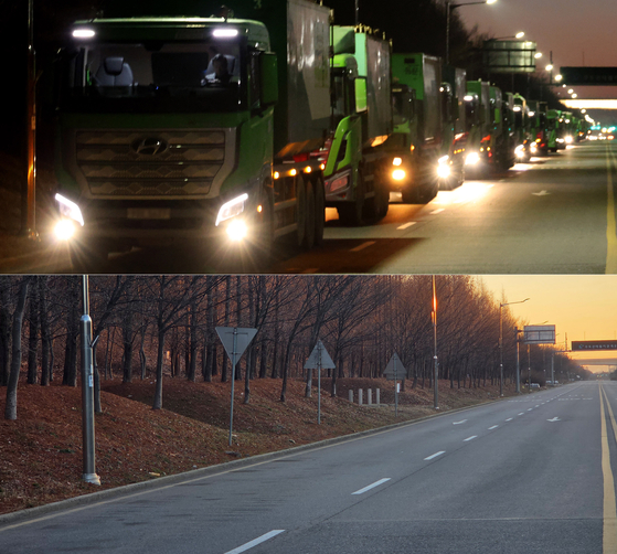 수도권 생활폐기물 직매립 금지 시행 전인 지난달 22일 수도권매립지 통합계량대 인근 도로에서 생활폐기물 반입 차량이 3-1매립지로 들어가기 위해 줄을 서 있는 모습(위). 2일엔 도로가 아래 사진처럼 텅 비었다. 연합뉴스.