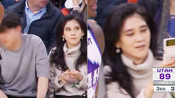 이부진 호텔신라 사장이 아들과 함께 미국 프로농구(NBA)를 관람하는 모습이 3일(현지시간) 포착됐다. 사진 온라인 커뮤니티 캡처