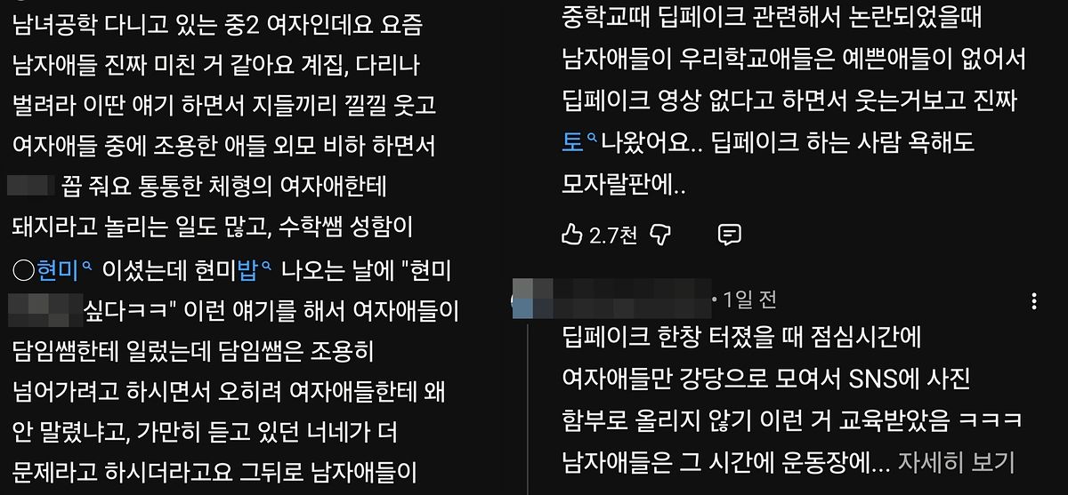 강유미 유튜브 채널에 달린 학내 여험 피해 사례 댓글. 