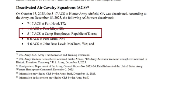 지난달 31일 발간된 미 의회조사국(CRS) 보고서에 따르면 험프리스에 주둔해온 5-17공중기병대대(5-17 ACSㆍAir Cavalry Squadron)가 같은 달 15일 비활성화됐다. 비활성화 목록에 포함된 6개 공중기병대대 가운데 한국에 위치한 부대는 이곳이 유일하다. CRS 보고서 캡처.