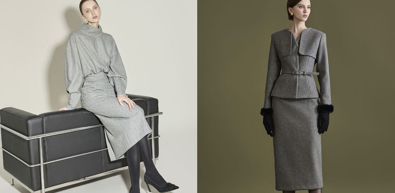 딘트의 하이넥 울 원피스(왼쪽) 제품과 넨토 벨트 세트 투피스. 사진 딘트 홈페이지 캡처