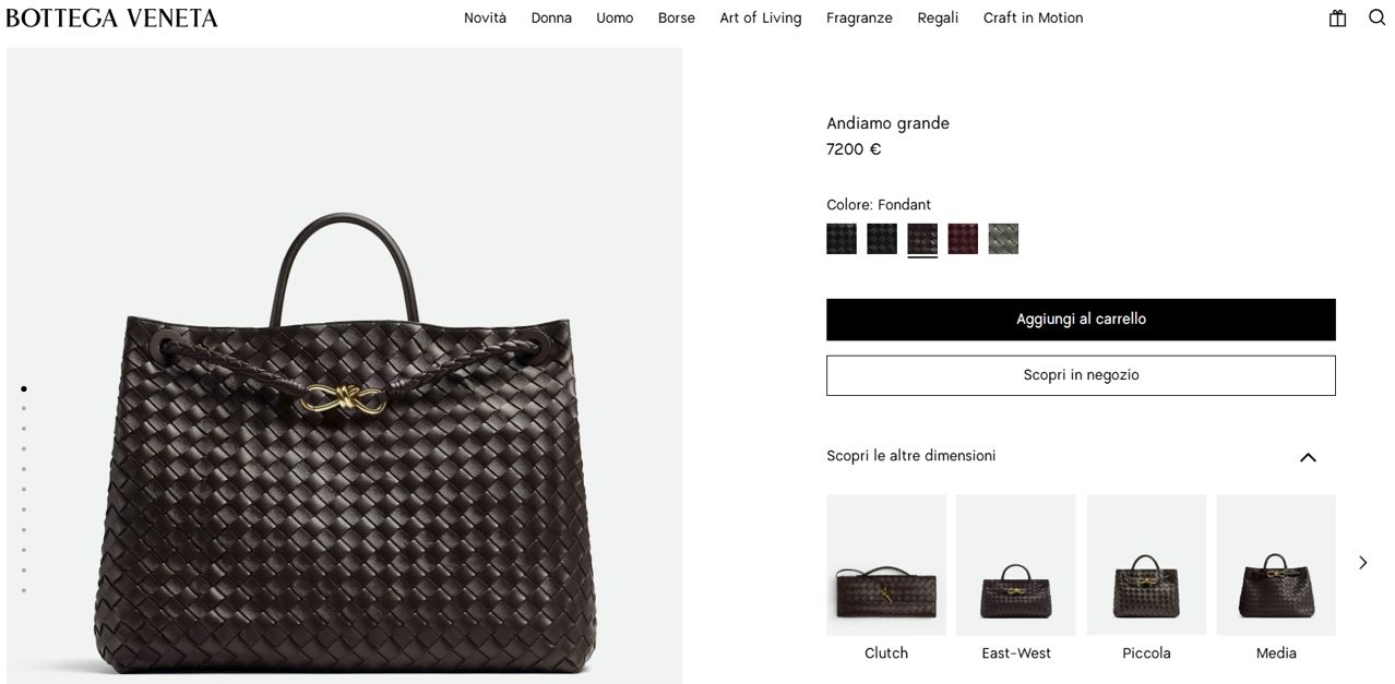 이탈리아의 보테가 베네타 온라인 사이트 내 안디아모 그란데 가방 개요. 사진 보테가 베네타 공홈 캡처
