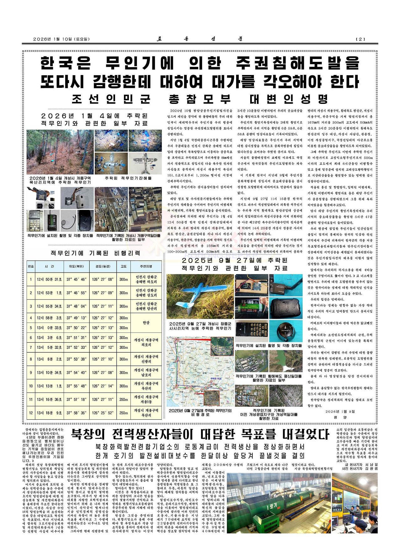 2026년 1월 10일자 노동신문 2면에는 북측 지역에 추락한 무인기 사진과 무인기에 설치된 촬영 및 각종 장치들의 사진, 북한 상공에서 촬영된 자료와 기록된 비행 이력 등이 실렸다. 노동신문, 뉴스1