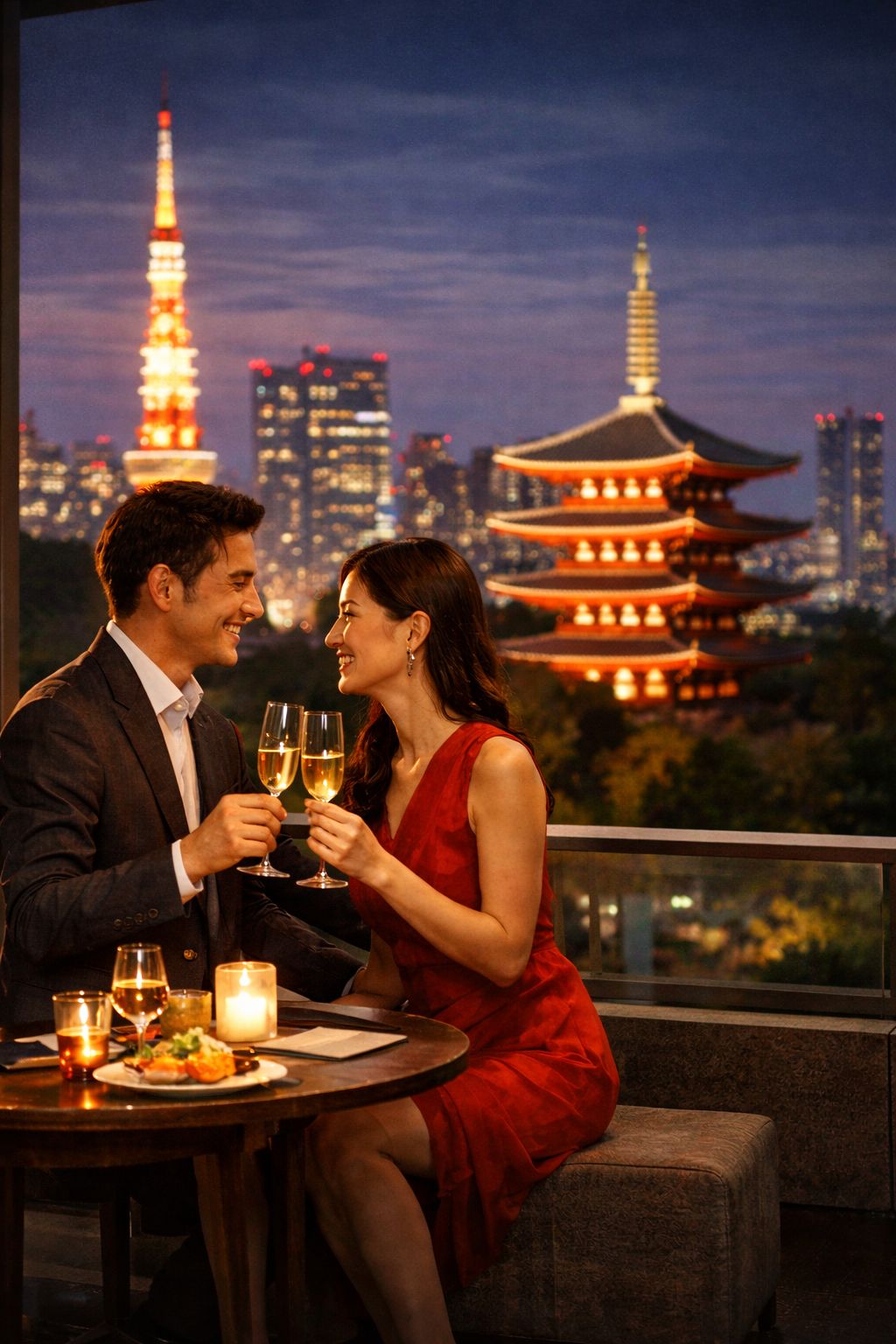 아이들을 영어가 가능한 베이비시터에게 맡기고 일본 도쿄에서 로맨틱한 데이트를 즐기고 있는 외국인 관광객 부부의 모습. 사진 챗gpt