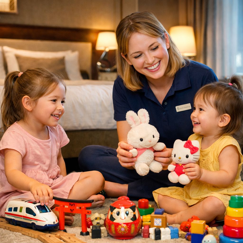 호텔에서 베이비시터와 놀고 있는 아이들의 모습. 사진 챗gpt