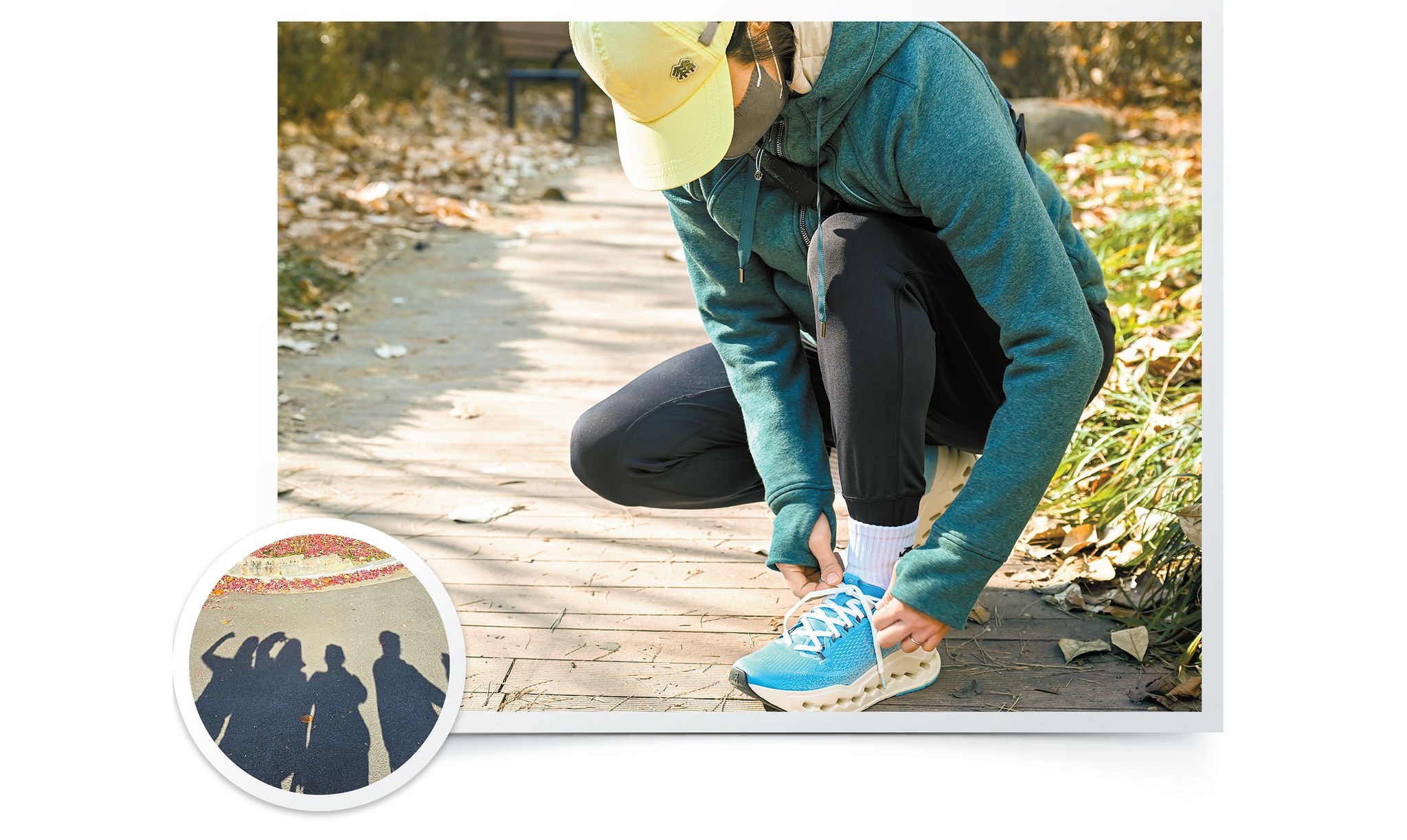 1. 김모(45)씨가 인근 공원에 나와 운동화 끈을 고쳐 매고 있다. 그는 “운동화를 신기 위한 움직임 자체가 사실 쉽지 않다”며 나오기까지의 망설임을 이겨내는 게 제일 어렵다고 했다. 인성욱 객원기자 2. 지난달, 발로 붕어빵을 그리며 함께 걷고 달렸던 ‘암시롱롱런’ 크루 4인의 모습. [본인 제공]