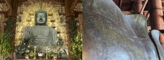 도다이지 청동 대불(왼쪽)과 하단 연꽃잎에 그려진 조각(오른쪽)