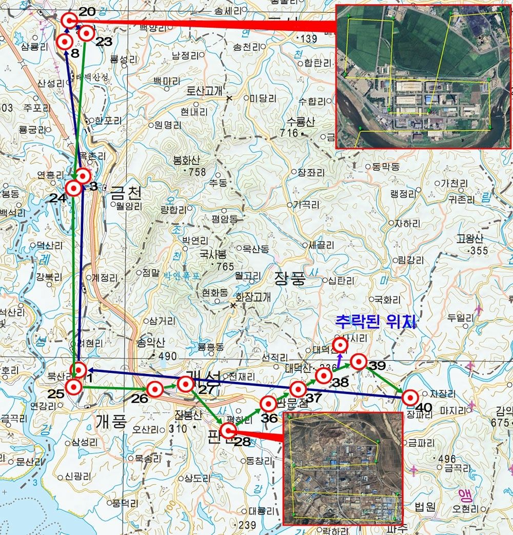 노동신문이 10일 공개한 지난해 9월 추락한 무인기의 비행 경로. 노동신문, 뉴스1 