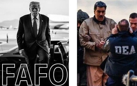 지난해 10월 김해공항에서 이동하는 트럼프 미국 대통령. 체포된 상태로 미국 연방법정으로 가는 마두로 베네수엘라 대통령. [백악관 공식 SNS 캡처. 로이터]