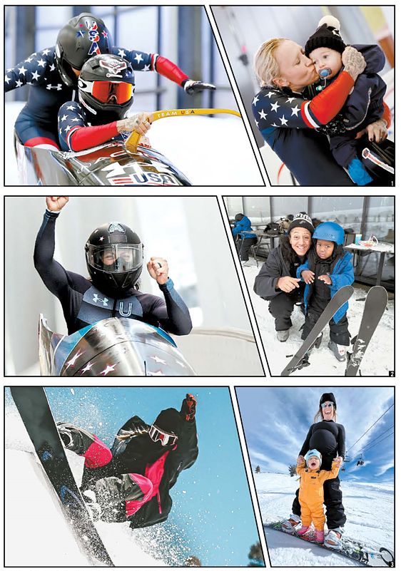 ①미국의 ‘봅슬레이 여제’ 카일리험프리스는 2년의 육아 공백을 딛고 밀라노·코르티나담페초 동계올림픽에 나선다. ②엘레나 메이어스 테일러는 대회마다 아들을 동반하는 ‘슈퍼맘’이다. ③스노보드 스타 제이미 앤더슨이 임신 중이던 지난해 2월 큰딸과 스노보드를 타고 있다. [EPA=연합뉴스, 인스타그램]