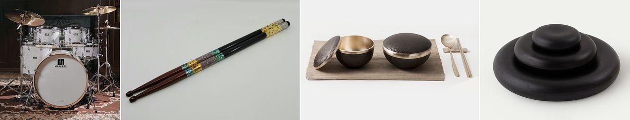 이재명 대통령이 다카이치 사나에 일본 총리 부부를 준비한 선물. 왼쪽부터 드럼, 드럼스틱, 유기 옻칠 반상기, 스톤 접시. [사진 청와대] 