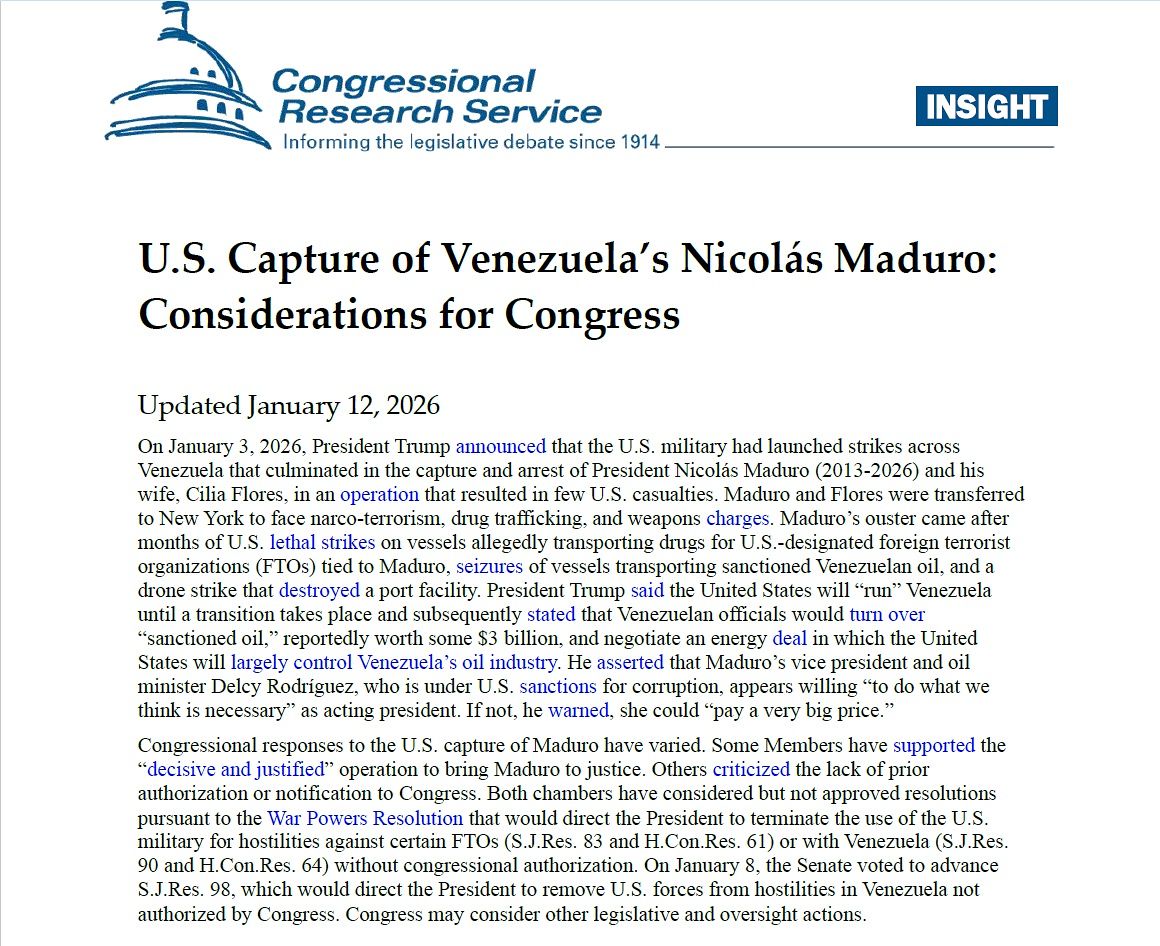 미국 의회조사국(CRS)이 12일 공개한 ‘미국의 니콜라스 마두로 체포: 의회 고려사항’이란 제목의 보고서. 미 의회조사국 홈페이지 캡처