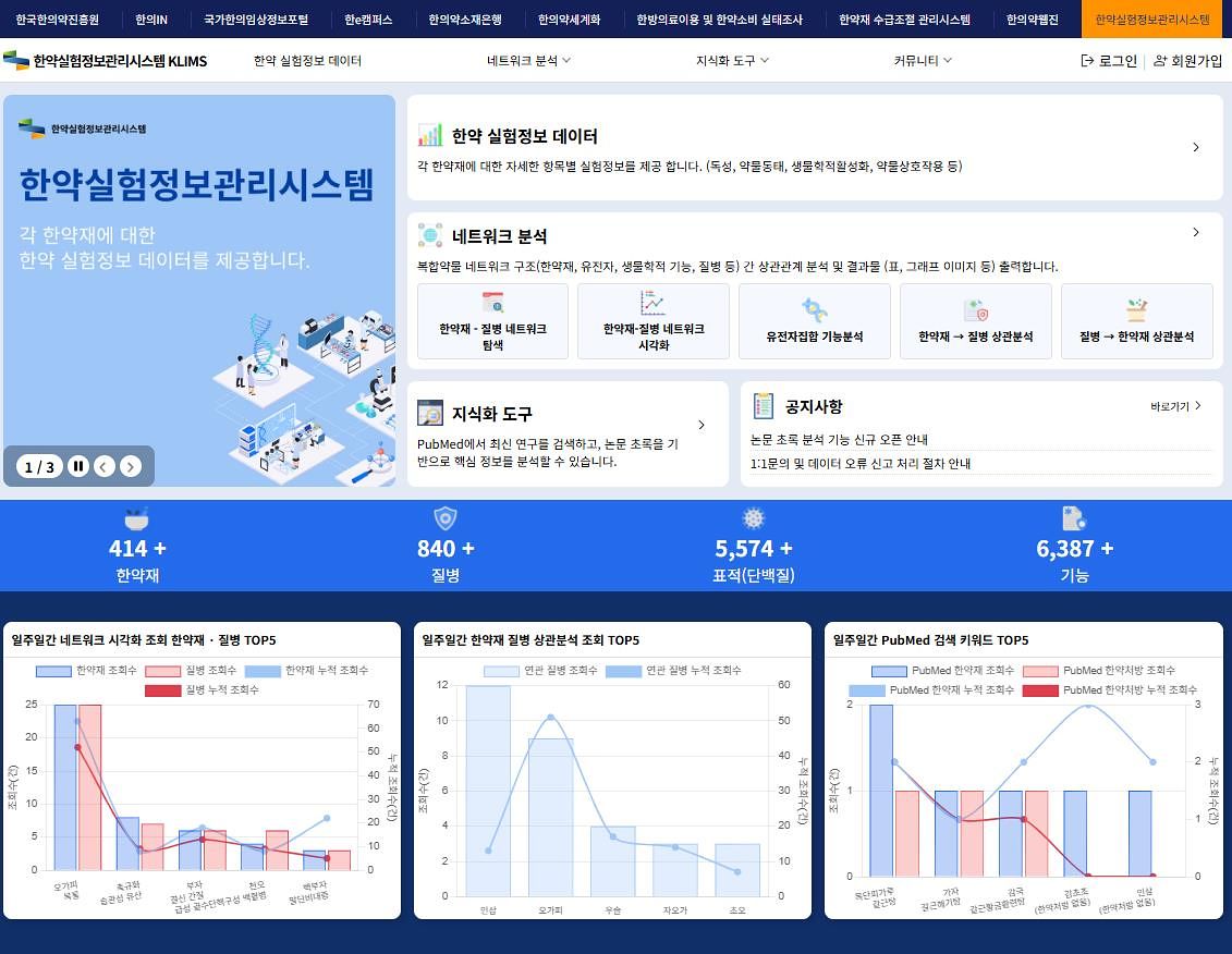 한약실험정보관리시스템(KLIMS) 메인 화면