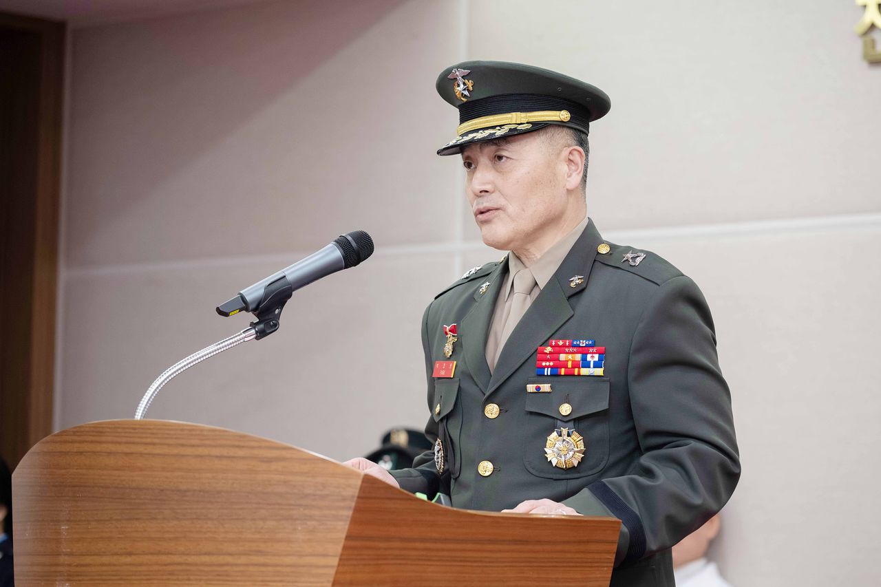 박정훈 국방부 조사본부장이 지난 15일 취임식에서 발언하고 있다. 국방부 조사본부장은 소장 자리라 박 준장은 직무대리로 업무를 시작한다. 연합뉴스