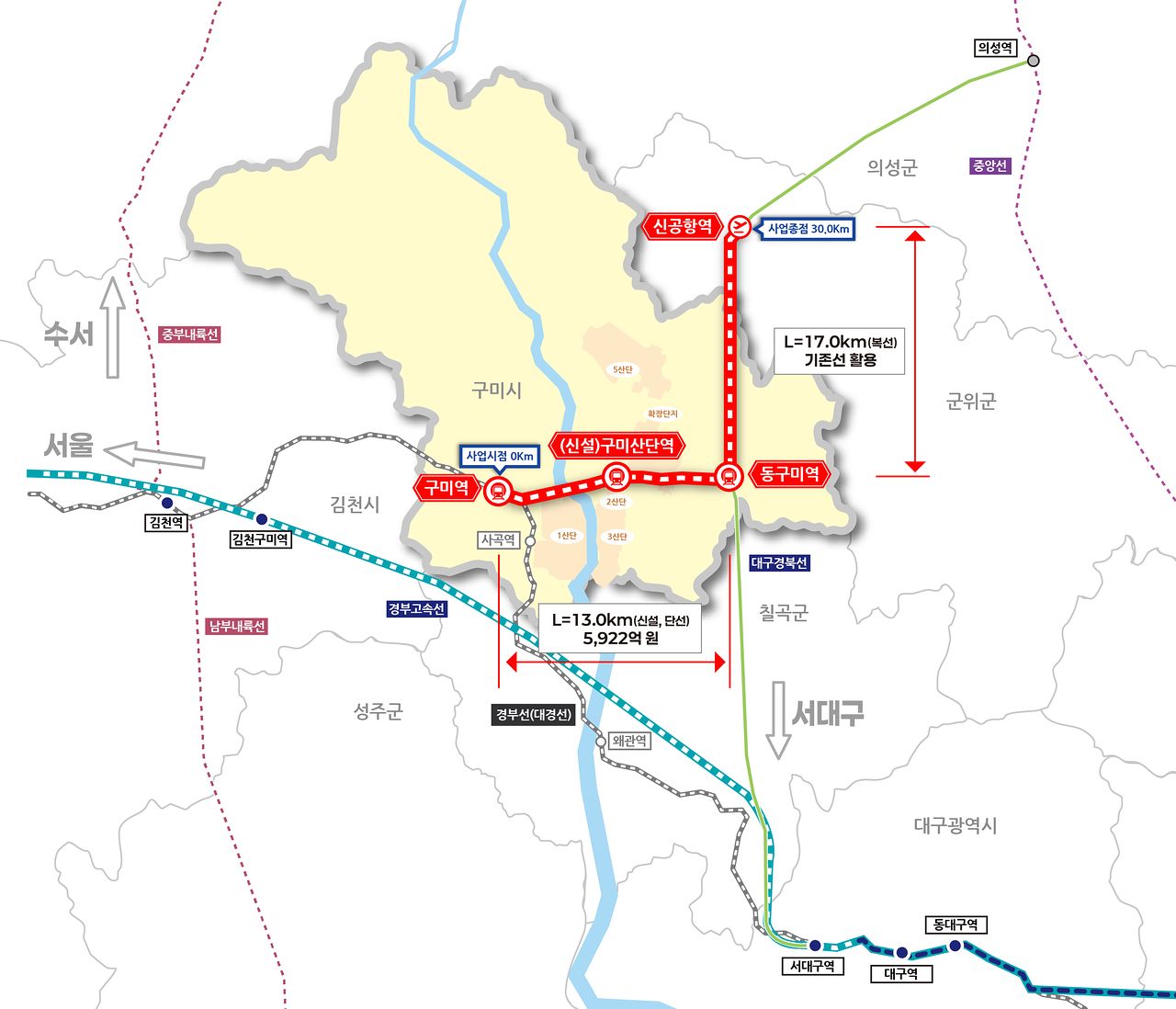 TK신공항과 구미를 잇는 직통 철도노선도. [사진 구미시]