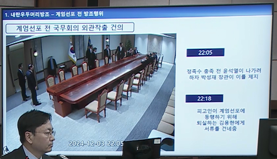 지난해 10월 13일 한덕수 전 국무총리의 내란우두머리 방조 등 혐의 사건 2차 공판에서 공개된 대통령실 폐쇄회로(CC)TV에 윤석열 전 대통령이 국무회의 정족수가 충족되지 않았음에도 계엄을 선포하러 일어서자 만류하는 모습이 찍혔다. 사진 서울중앙지법