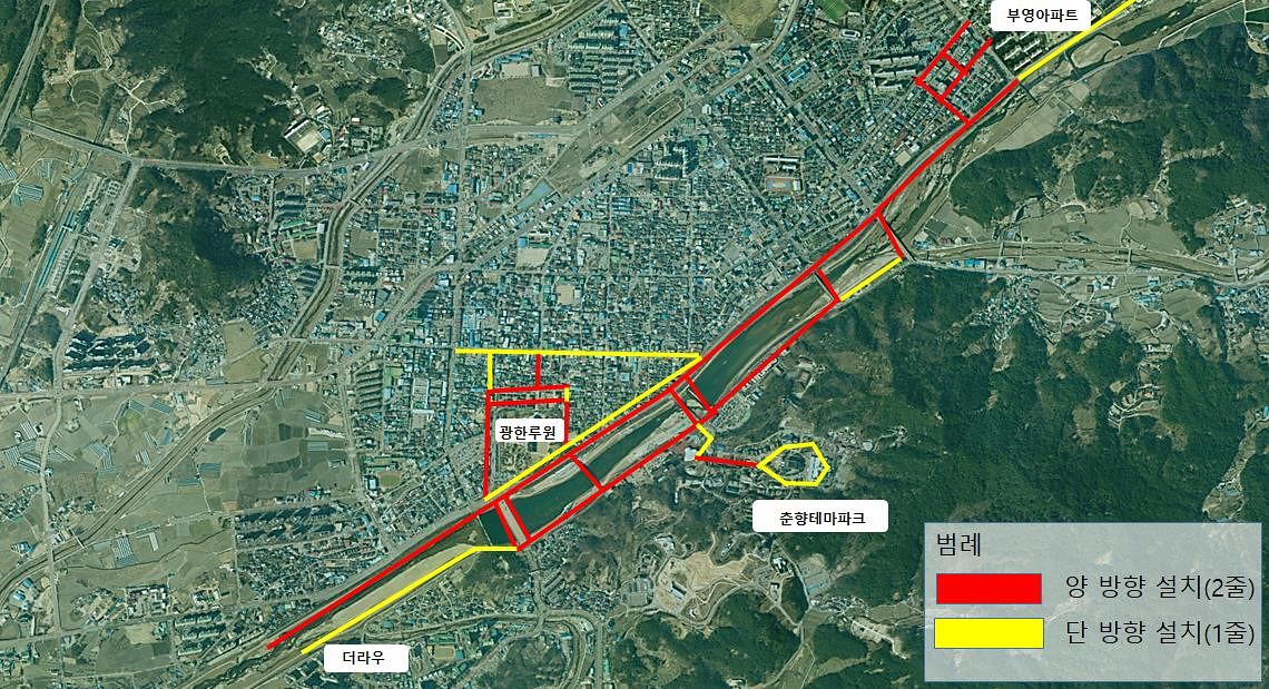남원시가 2024년부터 2년간 춘향테마파크·광한루원 등 주변 약 18.9㎞에 이르는 거리·상권에 설치한 청사초롱(3만2740개) 위치도. 사진 남원시