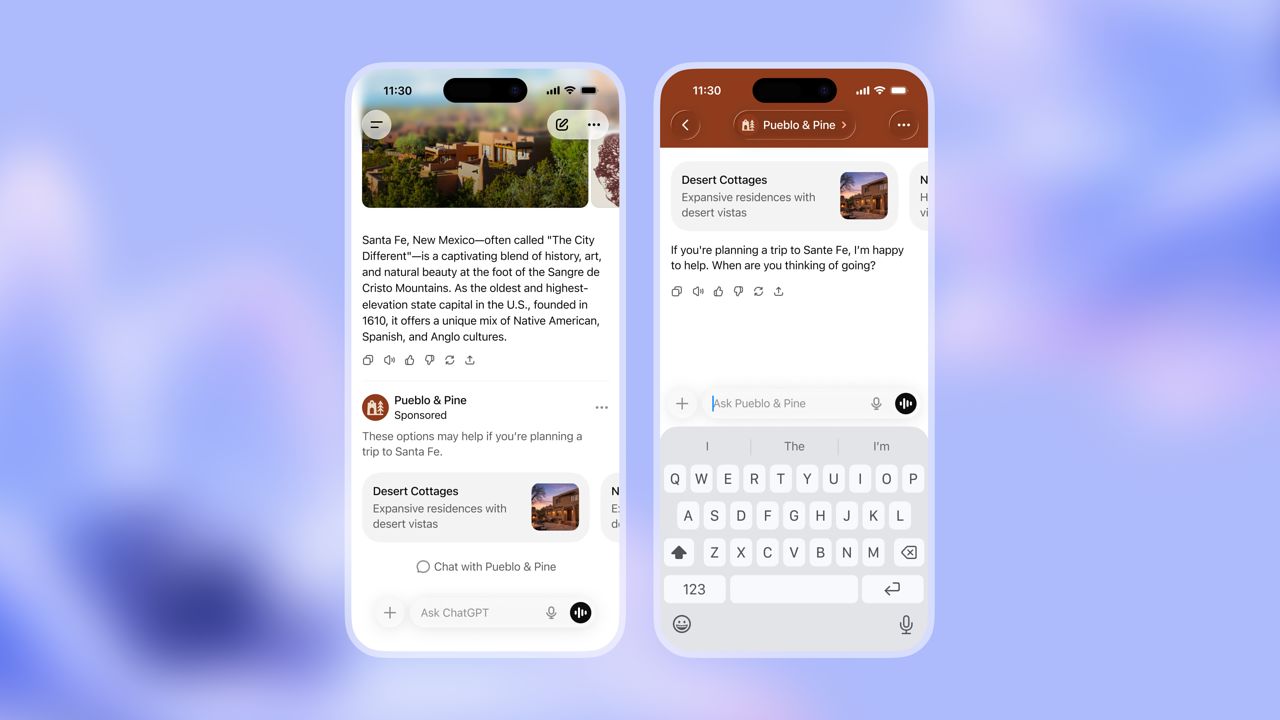 챗GPT 광고 예시 화면. 미국 뉴멕시코주 산타페 여행에 관한 대화 아래 별장 광고가 표시되고 있다.(왼쪽)이 별장에 대해 추가로 대화를 이어갈 수 있는 화면도 추가될 예정이다.(오른쪽) 사진 오픈AI