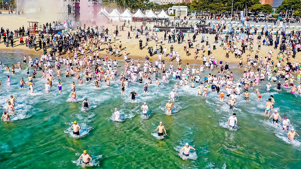 축제 참가자들이 바다를 향해 뛰어들고 있다. 부산=송봉근 기자
