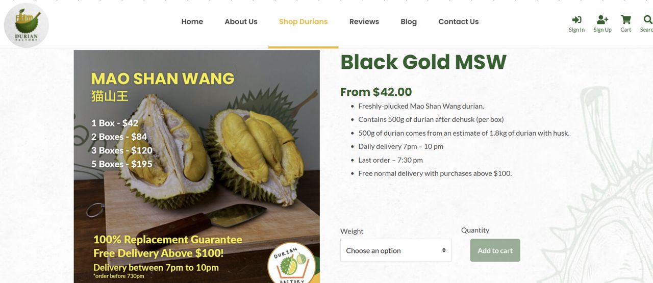 ‘두리안의 에르메스’로 불리는 무상킹이 한 싱가포르의 두리안 온라인몰에서 팔리고 있다. 사진 두리안딜리버리싱가포르 공홈 캡처