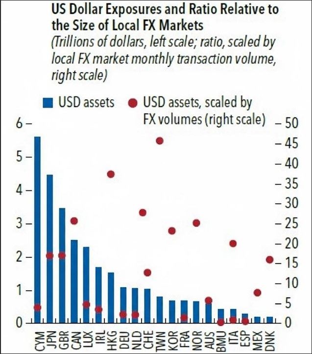 환노출 달러자산 및 외환시장 대비 배율(빨간점). 자료 IMF Global Financial Stability Report