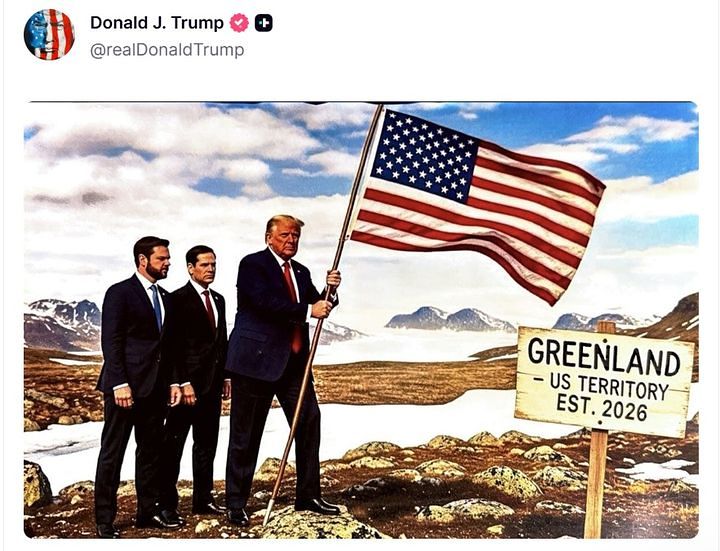 도널드 트럼프 미국 대통령이 20일(현지 시간) 새벽 소셜미디어 트루스소셜에 2026년까지 그린란드를 미국에 병합하고, 나아가 캐나다와 베네수엘라까지 합병하는 내용을 암시하는 합성 사진을 게시해 논란이 일고 있다. 사진 트루스소셜 캡쳐