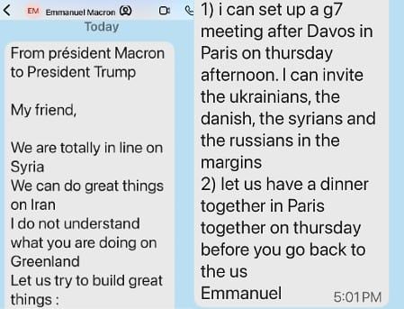 에마뉘엘 마크롱 프랑스 대통령이 도널드 트럼프 미국 대통령에게 보낸 문자. 사진 SNS 캡처