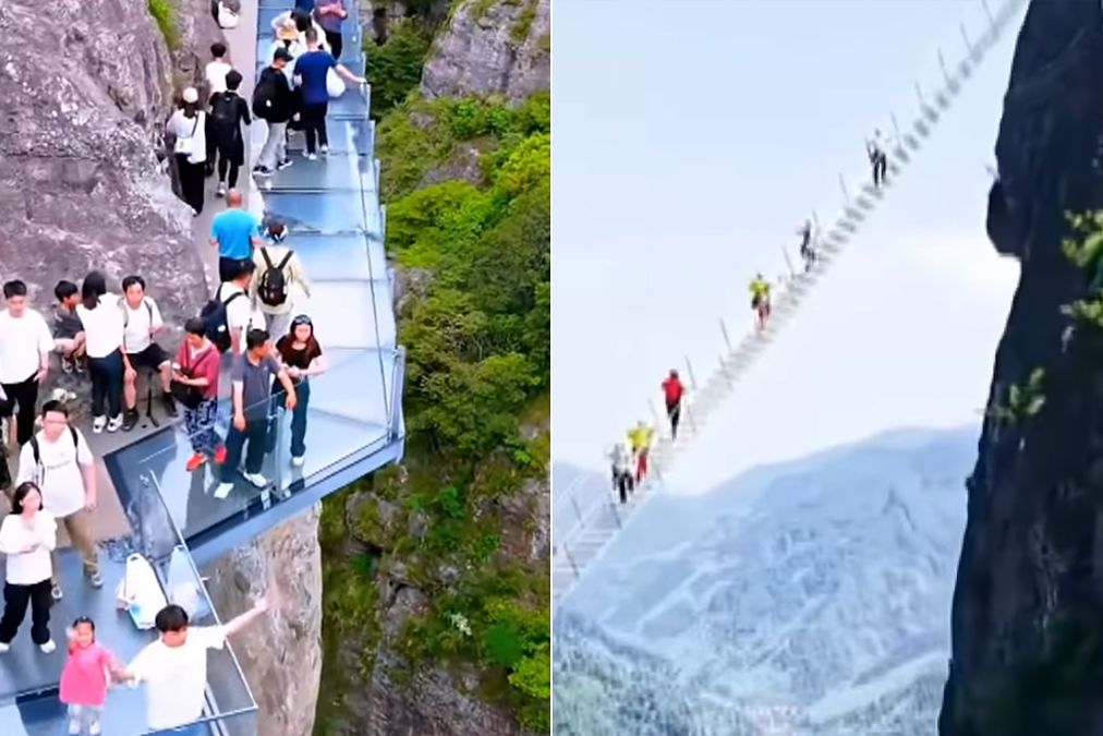 온라인상에 확산한 가짜 ‘설악산 유리 다리’ 영상으로, 산과 산을 잇는 도로와 유리 다리를 건너는 탐방객 모습이 담겨 있다. 사진 유튜브 캡처