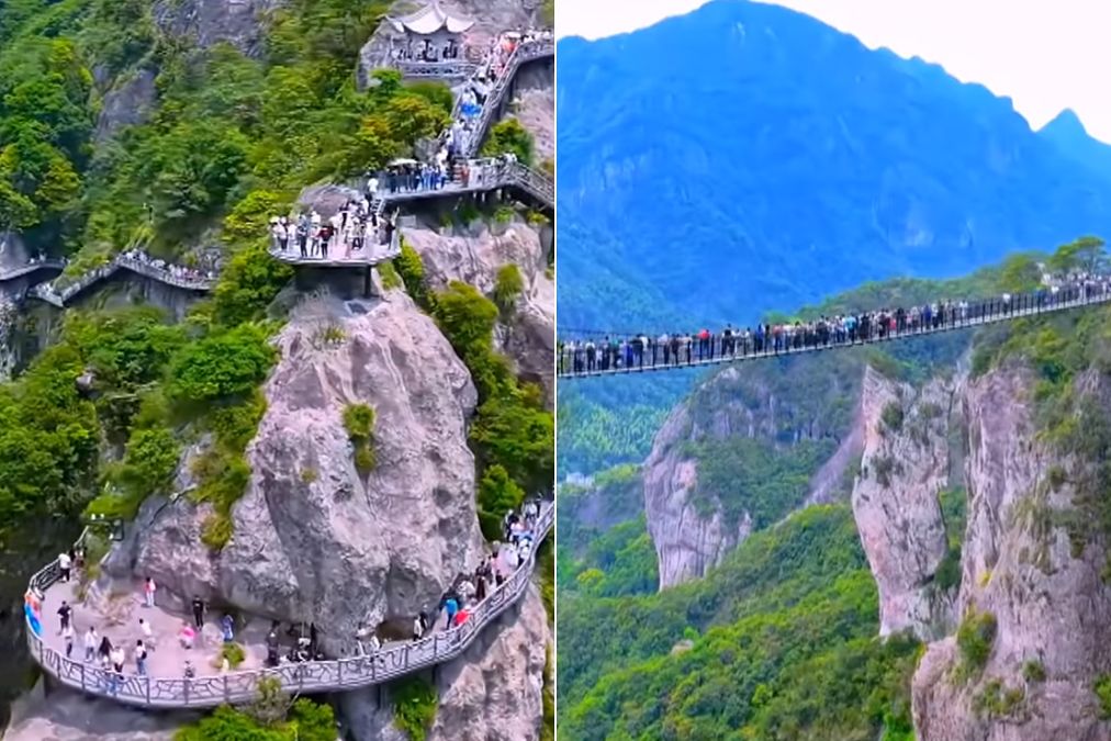 온라인상에 확산한 가짜 ‘설악산 유리 다리’ 영상으로, 산과 산을 잇는 도로와 유리 다리를 건너는 탐방객 모습이 담겨 있다. 사진 유튜브 캡처