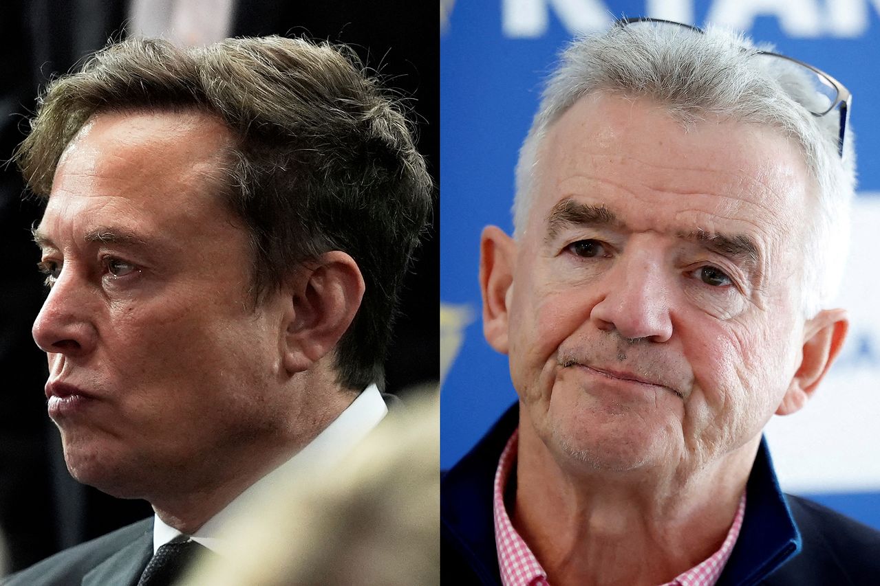 일론 머스크(왼쪽) 테슬라 CEO, 마이클 오리어리 라이언에어 CEO. AP·로이터=연합뉴스