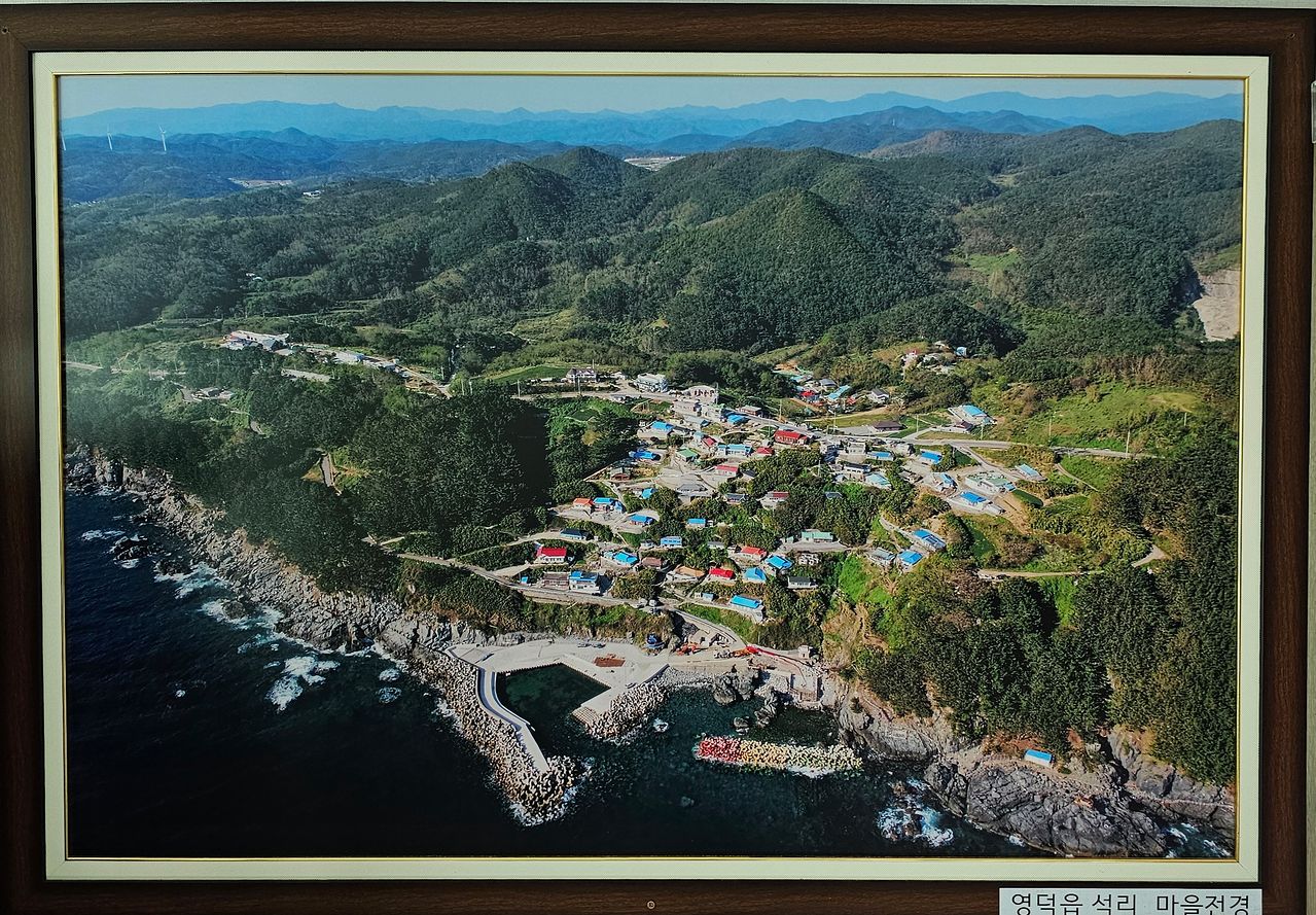 영덕 따개비마을이 2025년 3월 영남산불에 휩싸이기 전 항공사진. 마을회관에 걸려있다. 최준호 기자