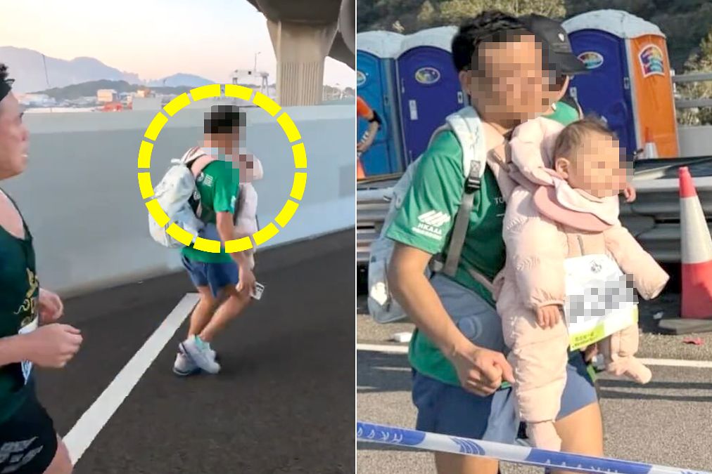 지난 21일(현지시간) 홍콩에서 열린 마라톤 대회에서 한 남성 참가자가 아기를 가슴에 안고 배낭을 멘 채 달리는 모습이 포착됐다. 사진 유튜브 캡처