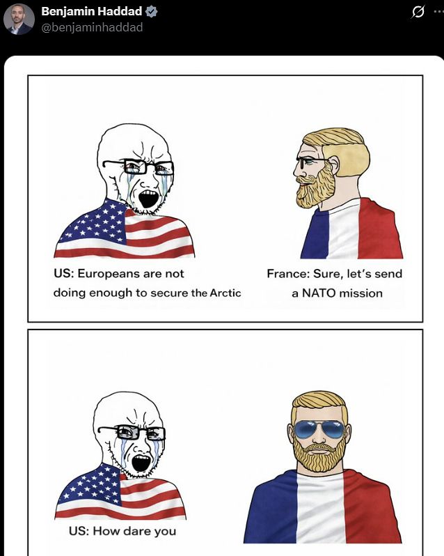 21일(현지시간) 벤자민 하다드 프랑스 유럽장관 대리가 X에 올린 밈. 사진 X 캡처