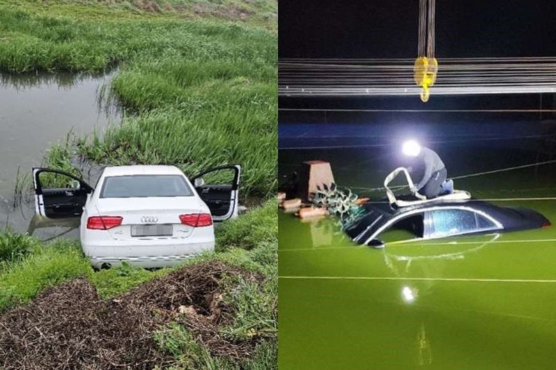 전북경찰청은 고가의 외제 차량을 물에 빠뜨리는 수법으로 억대 보험금을 타낸 일당 5명을 조사 중이라고 22일 밝혔다. 이들이 고의로 양식장 등 물에 빠뜨린 차량 모습. 사진 전북경찰청