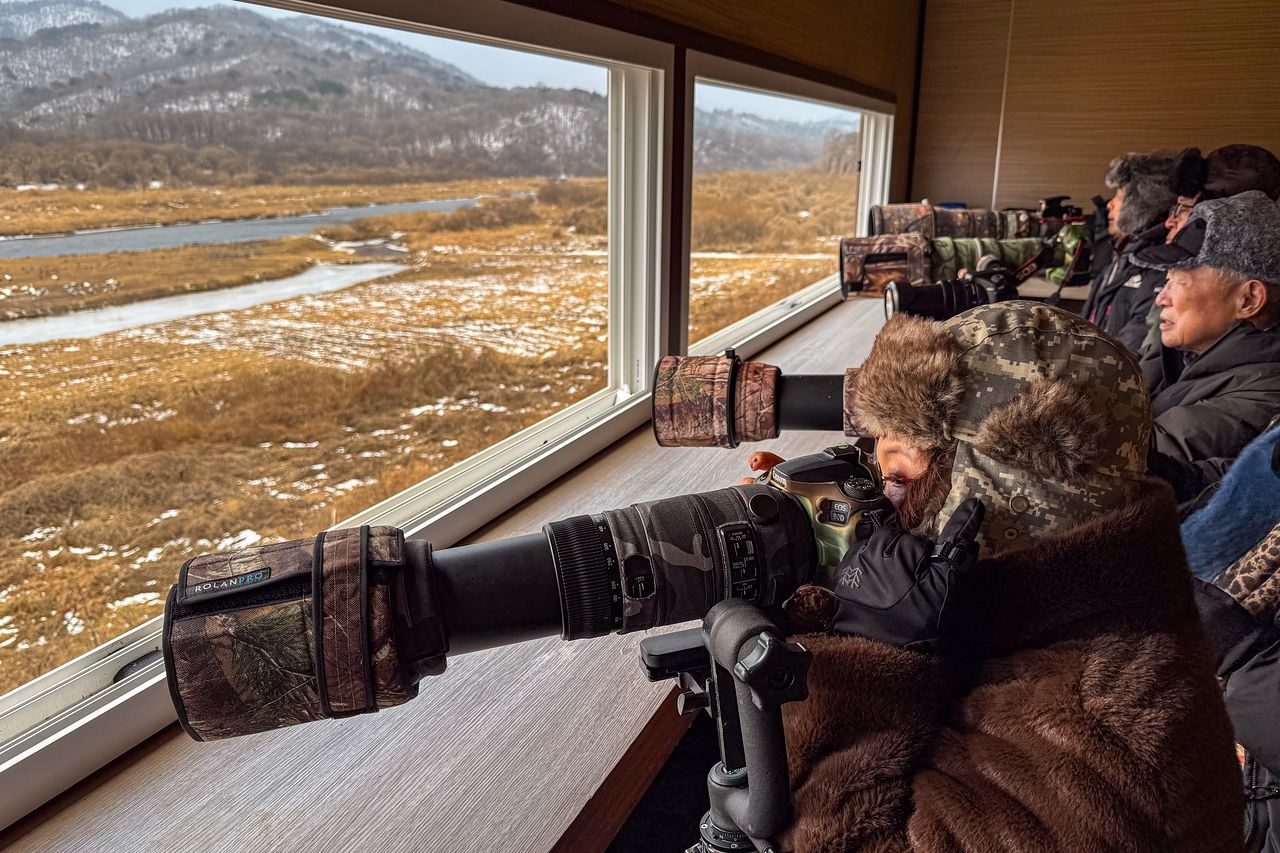 탐조대에서 대형 망원렌즈로 새를 촬영하는 사람들.