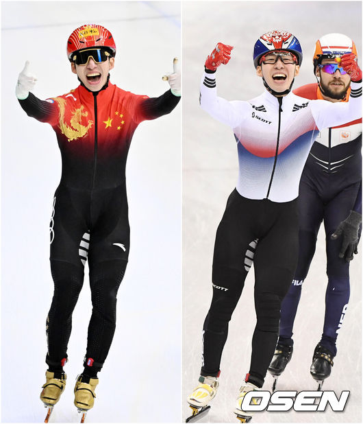 [OSEN=민경훈 기자] 12일 서울 목동 아이스링크에서 '2023 KB금융 국제빙상경기연맹(ISU) 쇼트트랙 세계선수권대회' 본선 경기가 진행됐다.남자 5000m 계주 결승전에서 중국 린샤오쥔(한국명 임효준)이 가장 먼저 결승선을 통과하며 금메달에 환호하고 있다. 과거 2018 평창 올림픽때 태극마크를 달고 남자 1500m에서 금메달을 따고 환호하는 모습이 오버랩 된다. 2023.03.12 / rumi@osen.co.kr