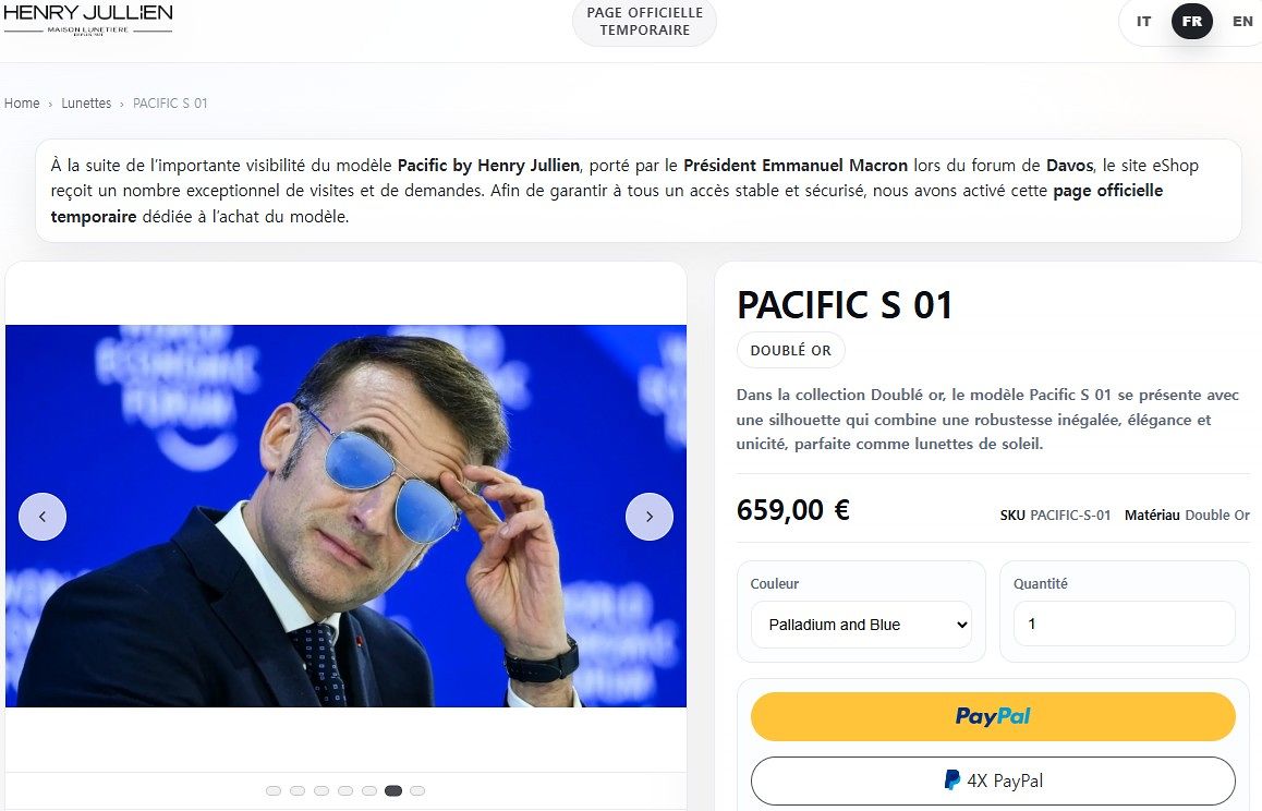 마크롱 대통령이 착용한 선글라스를 판매하는 쇼핑몰 웹페이지. 사진 홈페이지 캡처
