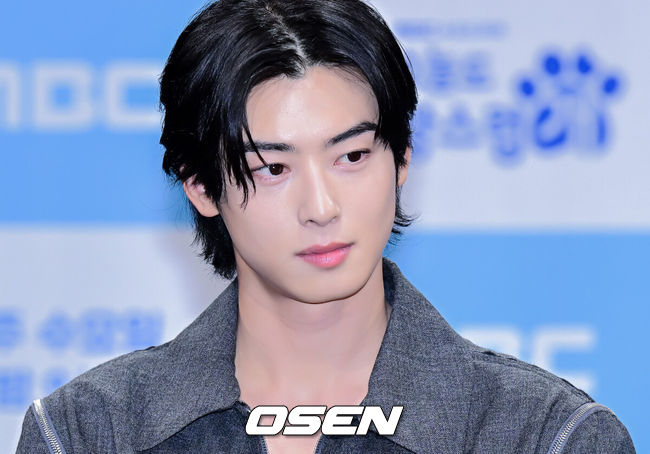 [OSEN=지형준 기자] 11일 오후 서울 상암동 MBC에서 새 수요드라마 ‘오늘도 사랑스럽개’ 제작발표회가 열렸다.‘오늘도 사랑스럽개’는 동명의 네이버웹툰 ‘오늘도 사랑스럽개’(작가 이혜)가 원작으로 키스를 하면 개로 변하는 저주에 걸린 여자와 그 저주를 풀 수 있는 유일한 치트키지만 개를 무서워하는 남자의 댕며드는 예측불허 판타지 로맨스 드라마다. 특히 원작과 완벽한 싱크로율을 자랑하는 배우 차은우, 박규영, 이현우 등의 케미가 방송 전부터 큰 이슈를 몰고 있다.배우 차은우가 간담회를 하고 있다. 2023.10.11 /jpnews@osen.co.kr