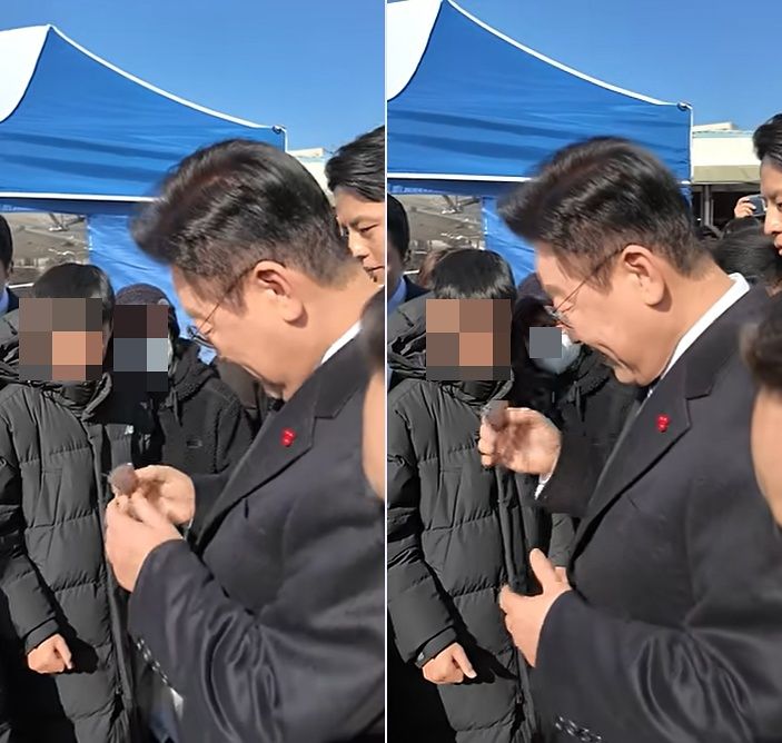 이재명 대통령이 최근 울산 남창옹기종기시장에서 한 어린이로부터 ‘두바이 쫀득 쿠키(두쫀쿠)’를 선물받았다. 사진 유튜브 캡처
