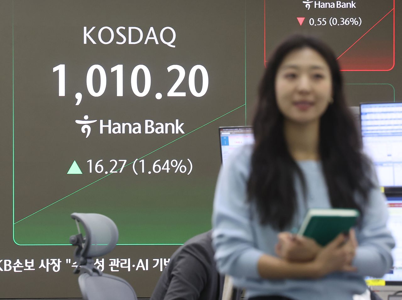 코스닥 지수가 장중 1000선을 돌파한 26일 서울 중구 하나은행 딜링룸 현황판에 코스닥 지수 등이 표시되고 있다. 연합뉴스