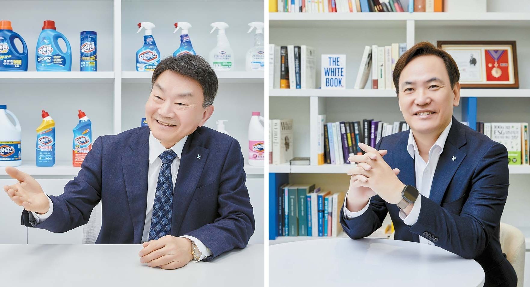 유한클로락스 박종현(왼쪽)·김광호 공동대표. 유한의 전통과 생산 시스템을 지켜온 박 대표와 글로벌 경영 감각으로 R&D·마케팅 혁신을 이끄는 김 대표가 서로 다른 강점을 바탕으로 ‘국민 위생’이라는 하나의 가치를 완성해가고 있다. 조인기 사진작가