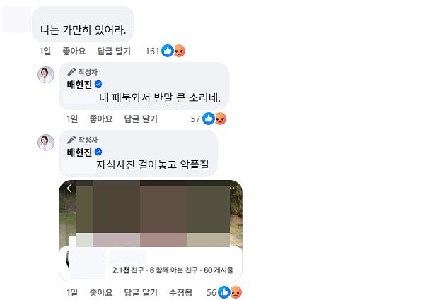 배현진 의원과 페이스북에 남긴 댓글. 사진 SNS 캡처