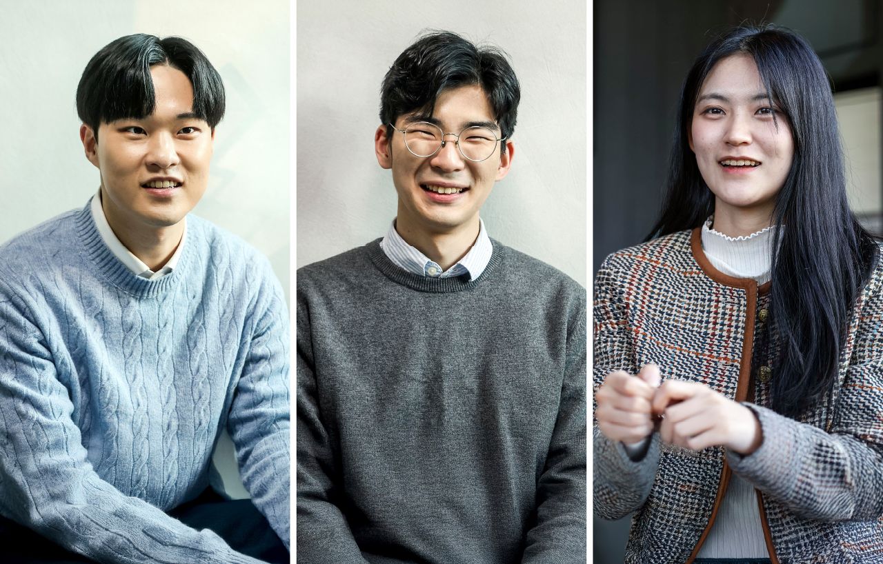 서울대 ‘일타’(일등 스타) 선배로 꼽히는 장현우 언론정보학과 19학번 장현우씨, 의예과 23학번 조시준씨, 국어국문학과 22학번 최윤서씨(왼쪽부터). 그들은 "공부에 집중할 수 있는 환경 덕분에 서울대에 합격할 수 있었다"고 입을 모았다. 김성룡 기자