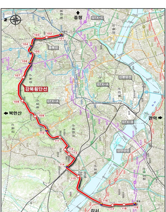 서울시가 재추진할 예정인 강북횡단선 계획안. [사진 서울시]