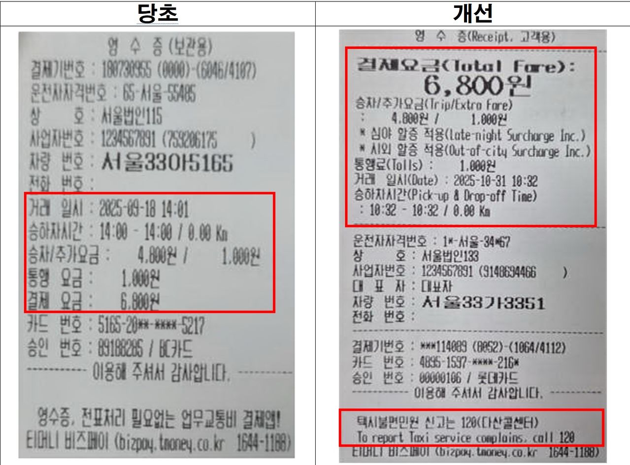 서울시의 변경된 택시 종이영수증. 서울시 