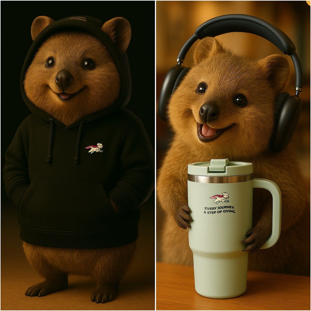 입힘 브랜드 옷과 자체제작 텀블러를 들고있는 입힘 소속 캐릭터 쿼카