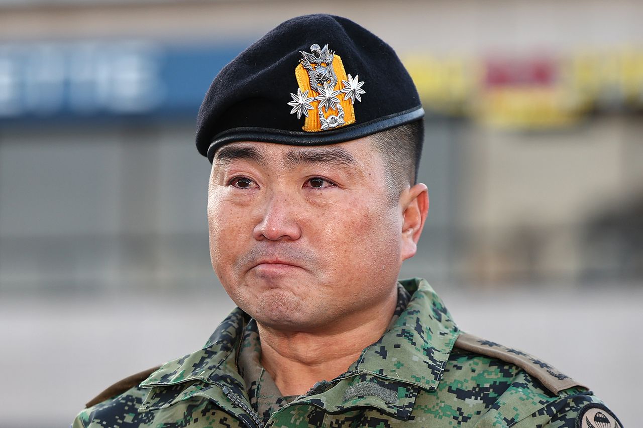 김현태 제707특수임무단장이 9일 오전 서울 용산구 국방부 전쟁기념관 앞에서 기자회견을 열고 발언하고 있다. 제707특수임무단은 지난 3일 밤 비상계엄 사태 당시 국회 진입을 위해 투입됐다. 연합뉴스