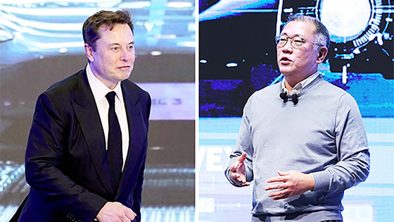 일론 머스크 테슬라 최고경영자(CEO)와 정의선 현대차그룹 회장. 중앙포토