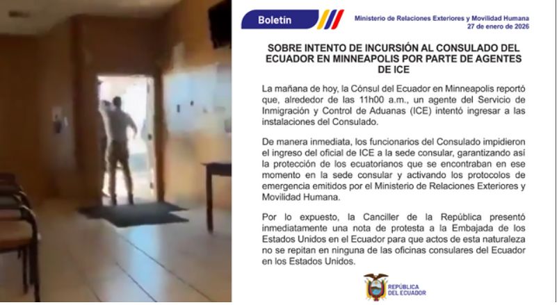 27일(현지시간) 에콰도르 영사관 진입 사건 당시 찍힌 동영상의 한 장면. 이 사건과 관련해 에콰도르 외교부가 항의 성명(오른쪽)을 발표했다. 사진 에콰도르 정부 홈페이지 캡처