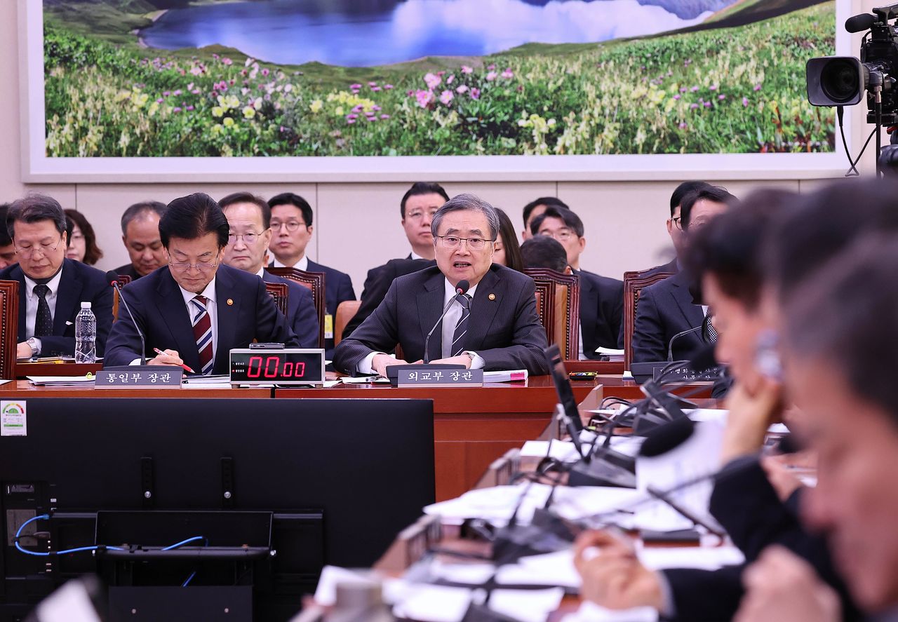 조현 외교부 장관이 28일 오전 서울 여의도 국회에서 열린 외교통일위원회 전체회의에서 발언하고 있다. 왼쪽은 정동영 통일부 장관. 임현동 기자